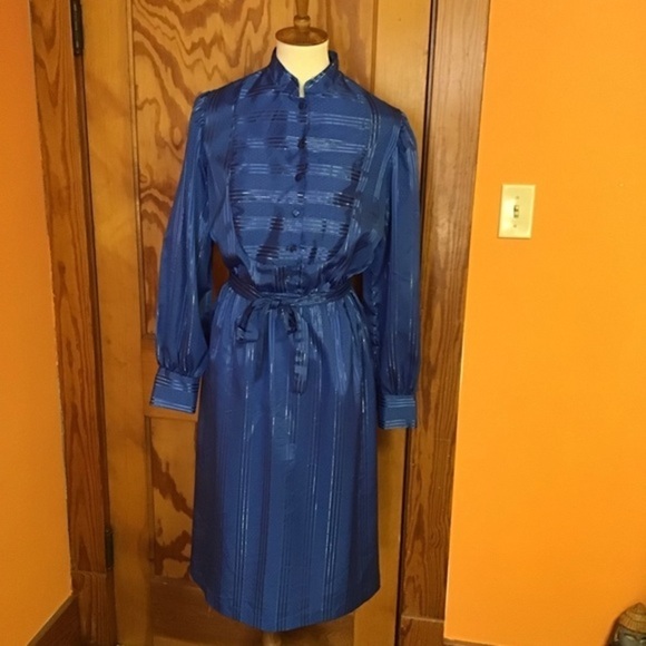 Vintage 80s Blue Midi Dress | Long Sleeve Button Up Tie Waist Dress - Picture 4 of 10